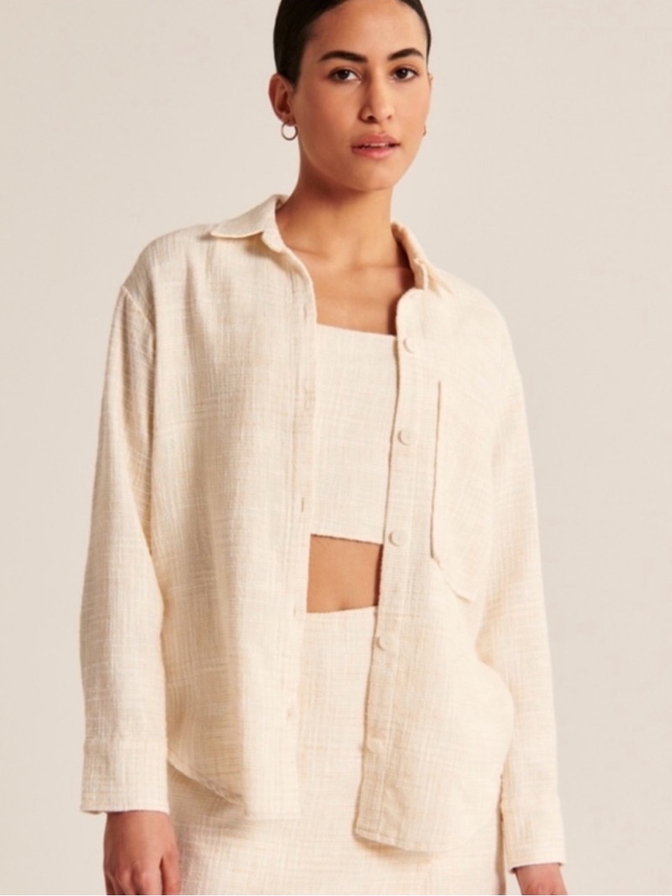 Abercrombie & Fitch Cream Textured Collared Shirt Jacket